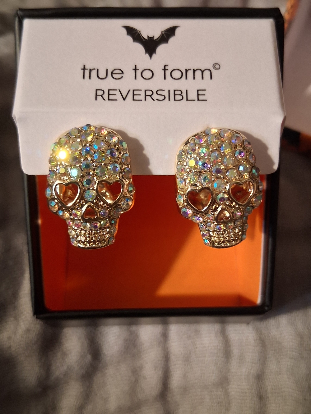 NEW True To Form Gold-tone Iridescent Crystal Skull Reversible Earrings